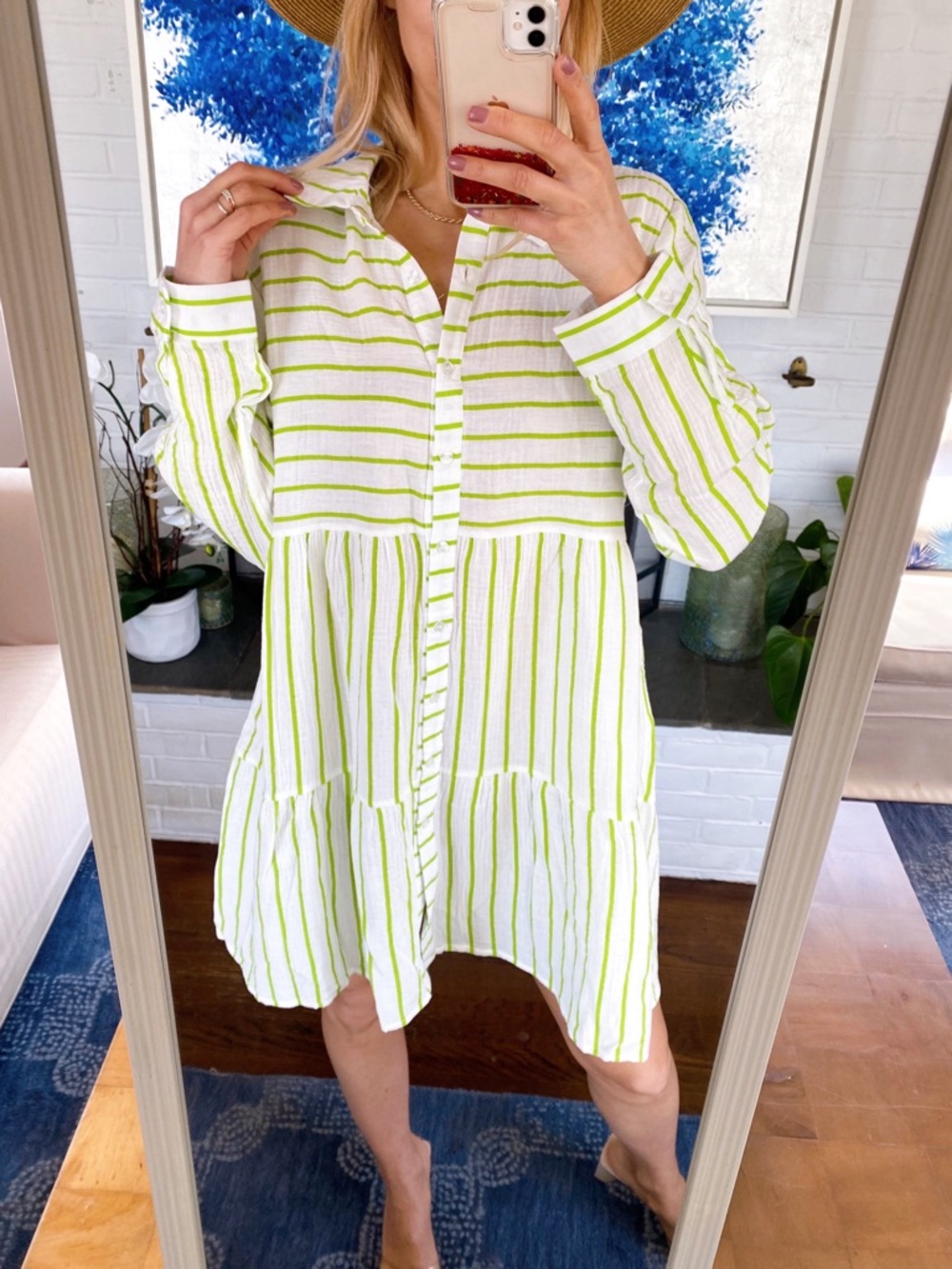 ANNE COLE IBIZA Button-Front White Dress with Lime Green Stripes! 🍏